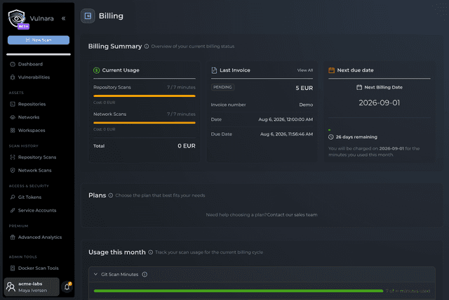 Billing page showing current usage, latest invoice and plan tiers